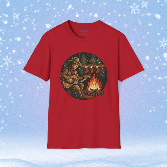 Cowboy Playing Guitar by Fire with Christmas Stockings Tshirt