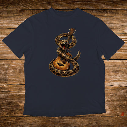 Rattlesnake coiled around acoustic guitar on navy t-shirt.