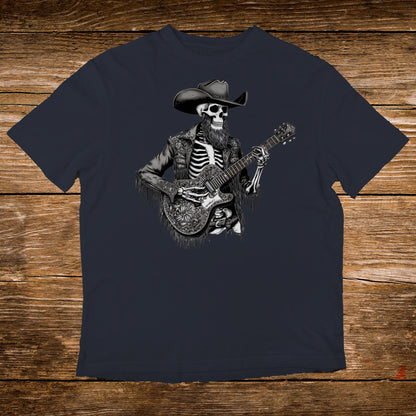 Skeleton in cowboy hat playing guitar with beard and ornate jacket.