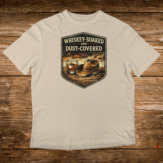 T-shirt with distressed whiskey glass and cowboy hat design.