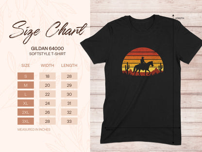 Gildan 64000 softstyle t-shirt size chart with measurements in inches.