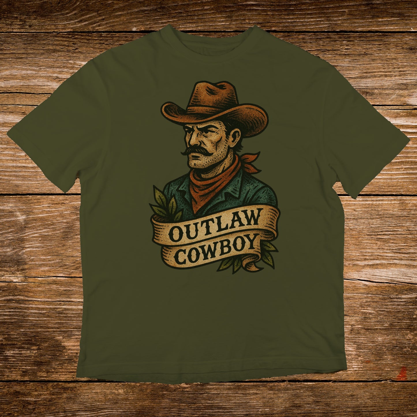Green t-shirt with "OUTLAW COWBOY" text and a cowboy illustration.