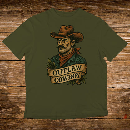 Green t-shirt with "OUTLAW COWBOY" text and a cowboy illustration.