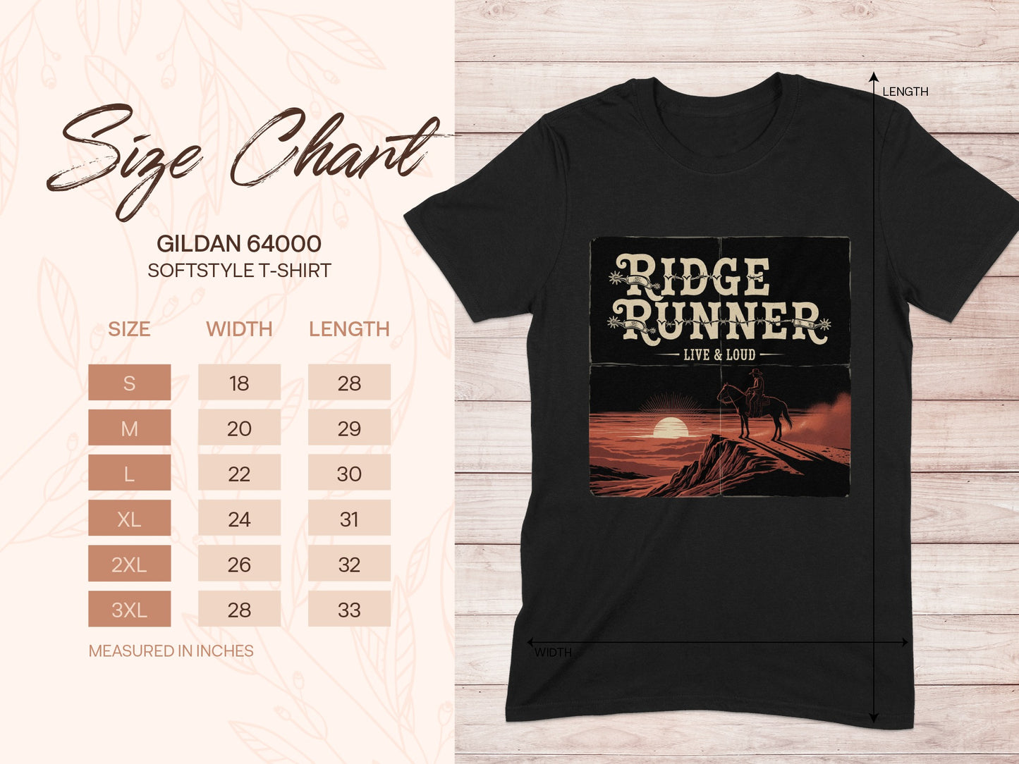 Gildan 64000 Softstyle t-shirt size chart with "Ridge Runner Live & Loud" graphic.