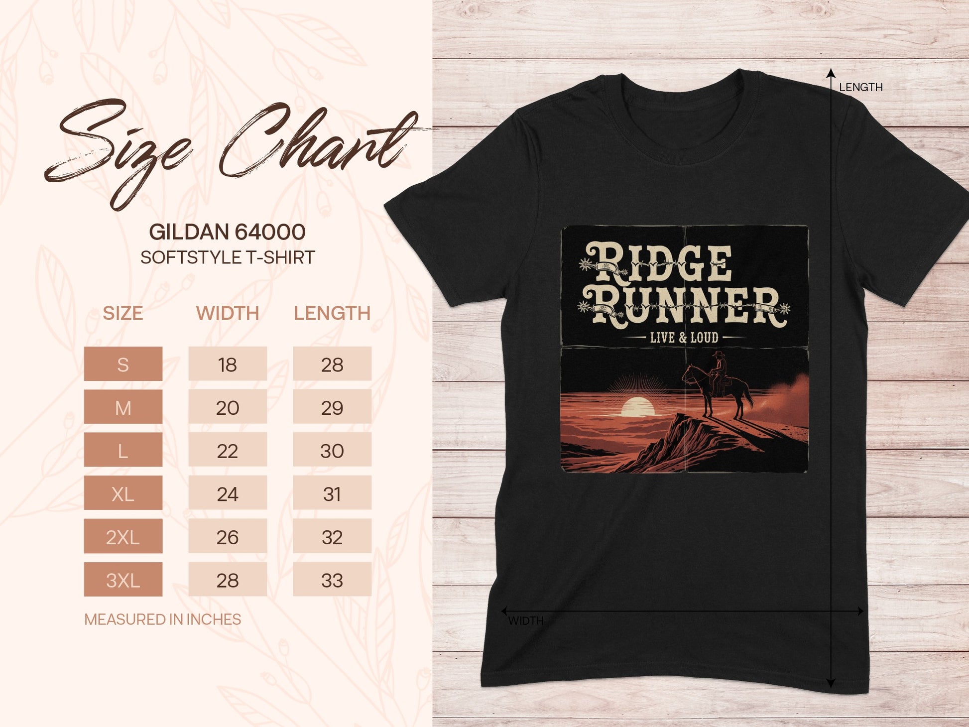 Gildan 64000 Softstyle t-shirt size chart with "Ridge Runner Live & Loud" graphic.