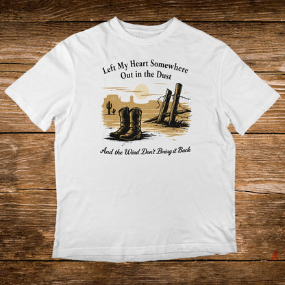 White t-shirt with western boots, desert scene, and text.