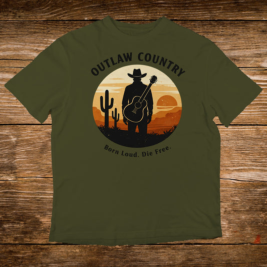Olive green t-shirt with "Outlaw Country" and cowboy silhouette with guitar.