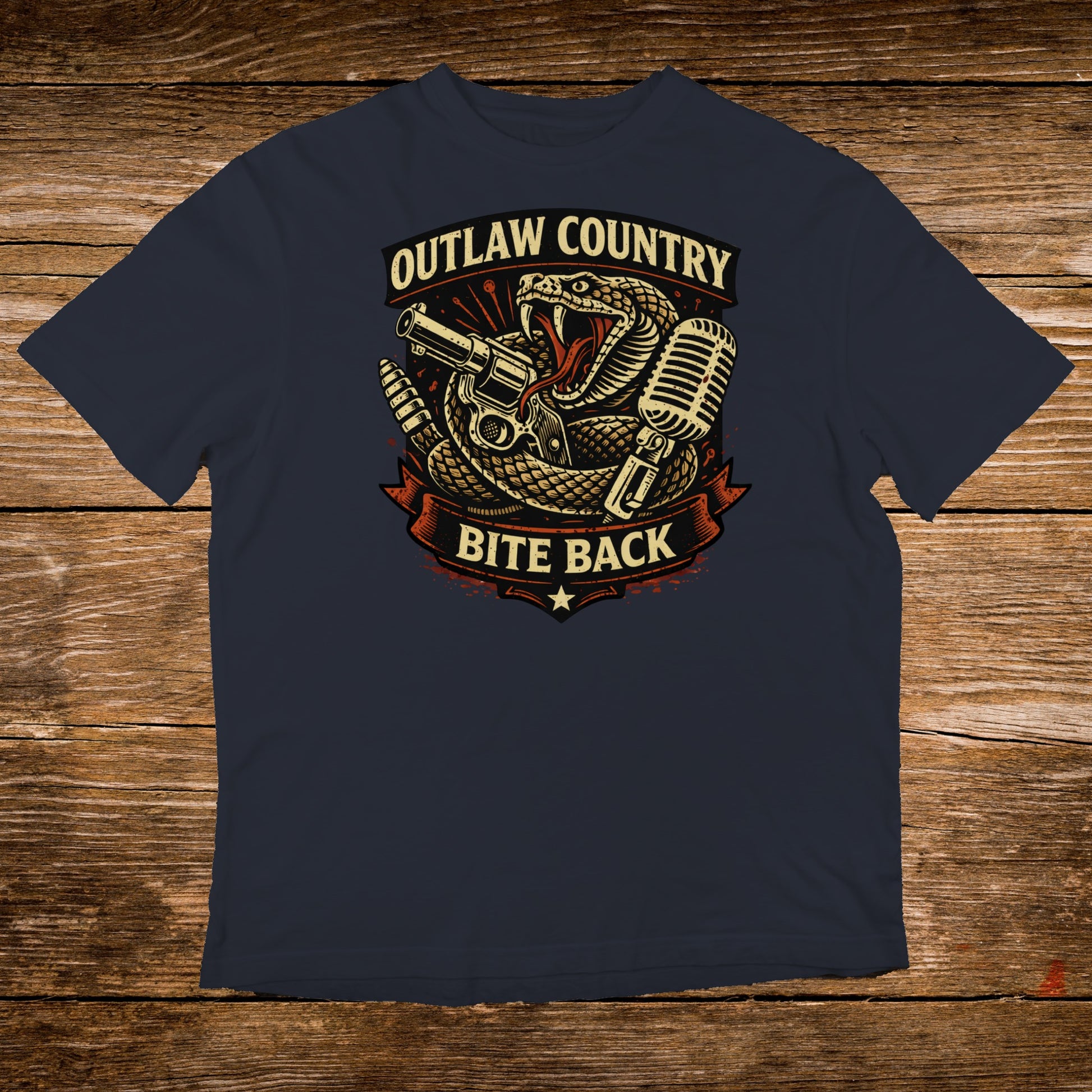 Navy t-shirt with snake, gun, and microphone graphic and "OUTLAW COUNTRY BITE BACK" text.