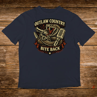 Navy t-shirt with snake, gun, and microphone graphic and "OUTLAW COUNTRY BITE BACK" text.