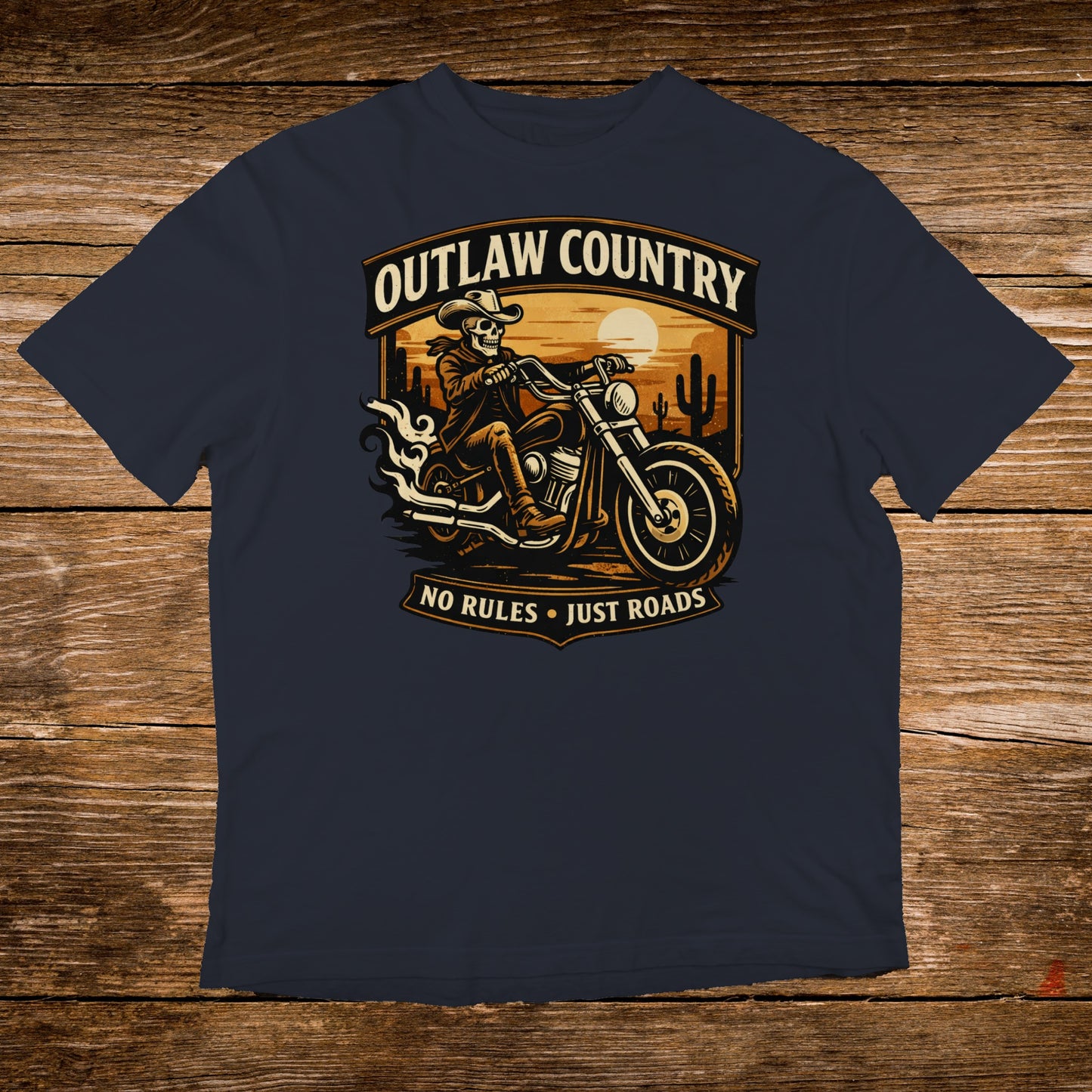 Navy t-shirt with "Outlaw Country No Rules Just Roads" skull biker graphic.
