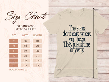 Gildan 64000 size chart for softstyle t-shirt with text graphic.
