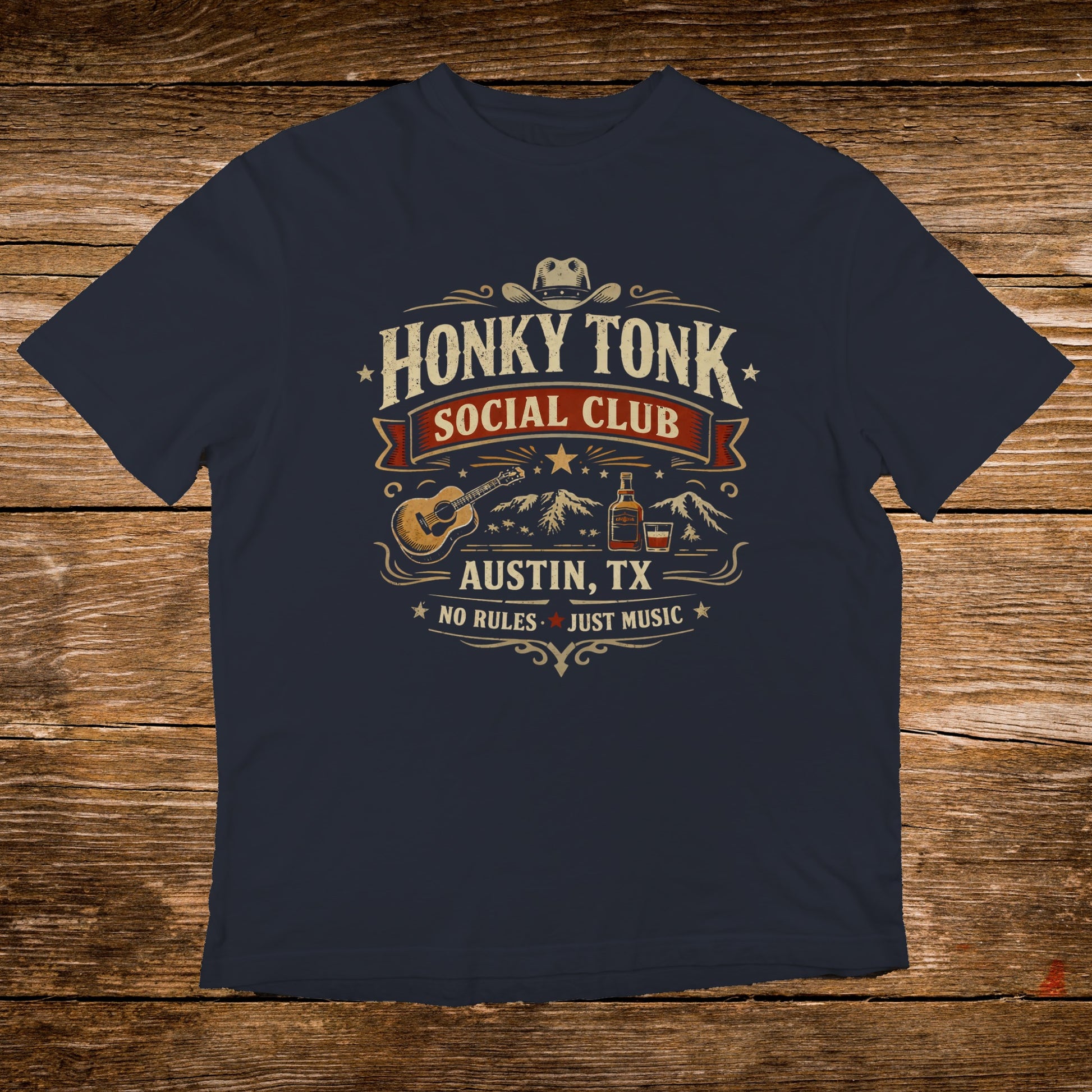 Navy t-shirt with "Honky Tonk Social Club" and "Austin, TX" text.
