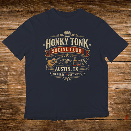 Navy t-shirt with "Honky Tonk Social Club" and "Austin, TX" text.