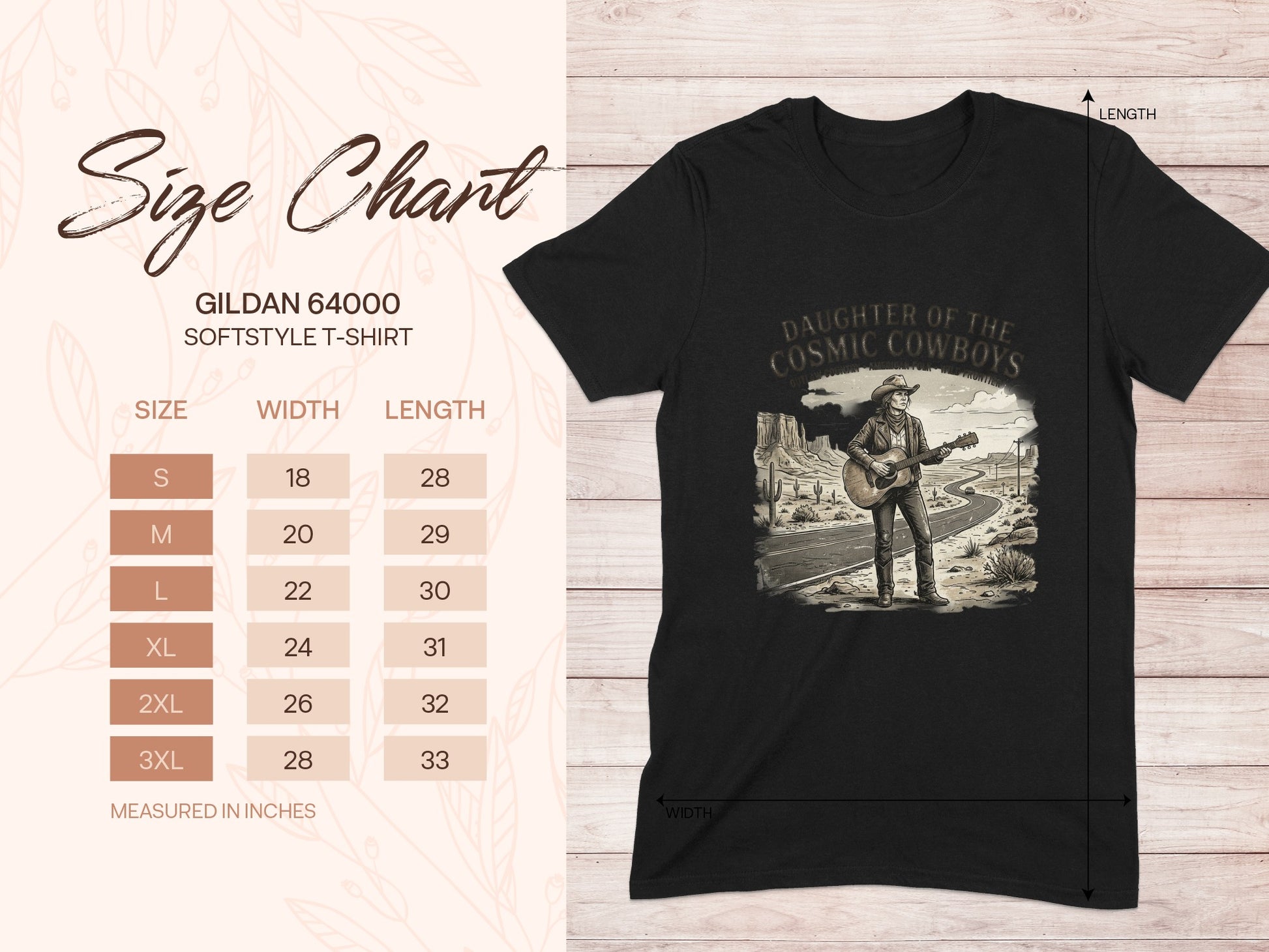 Gildan 64000 softstyle t-shirt size chart with measurements for S to 3XL.