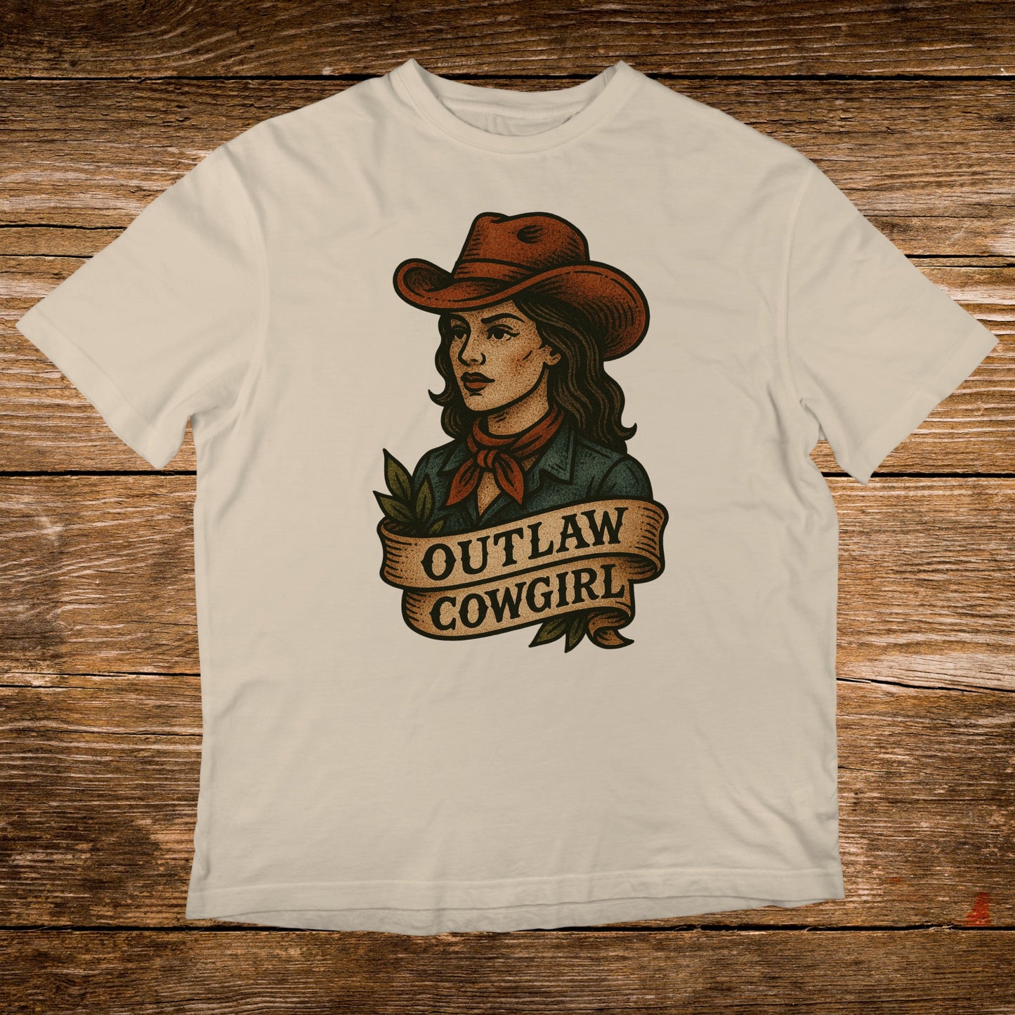 T-shirt with a vintage-style illustration of an outlaw cowgirl on a banner.