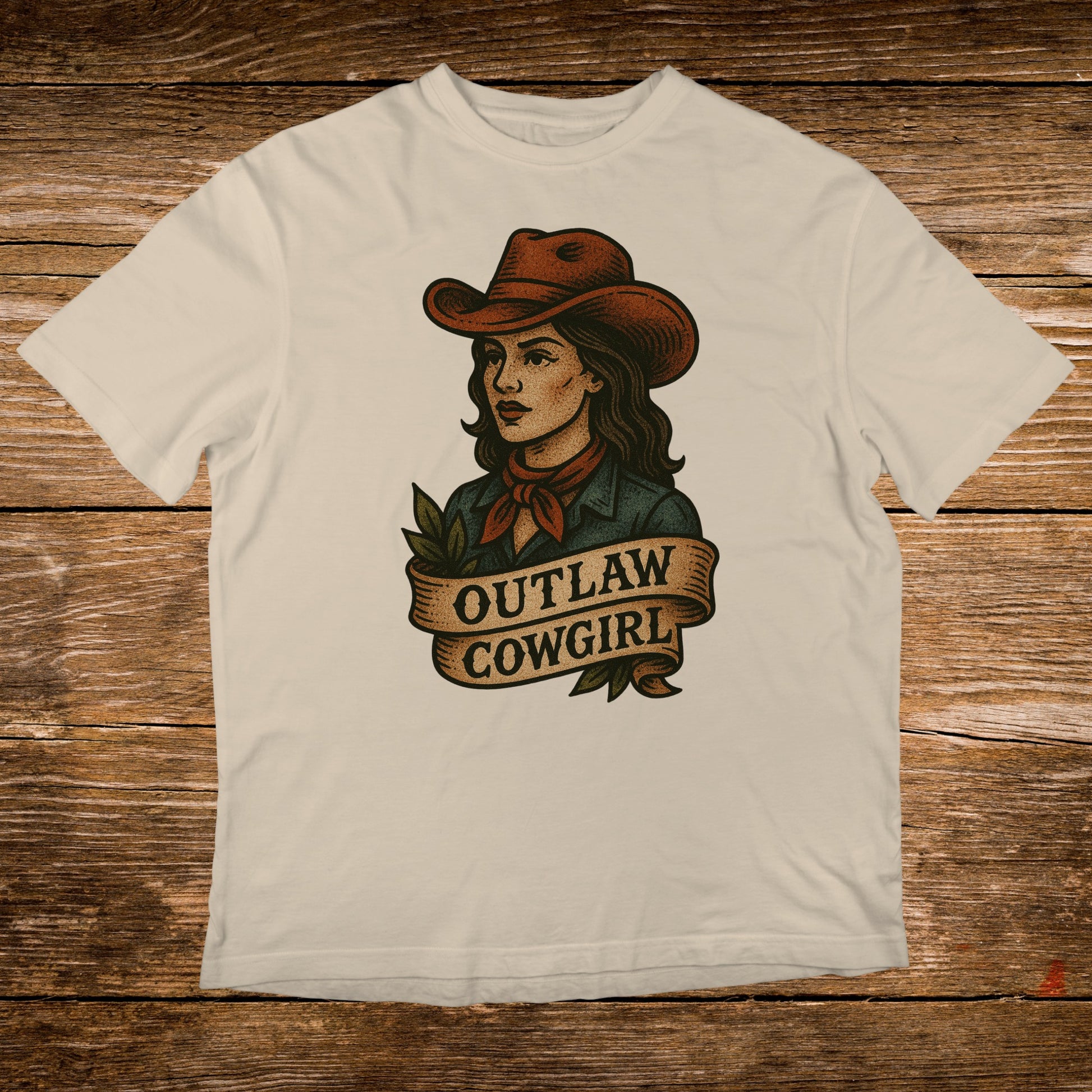 T-shirt with a vintage-style illustration of an outlaw cowgirl on a banner.