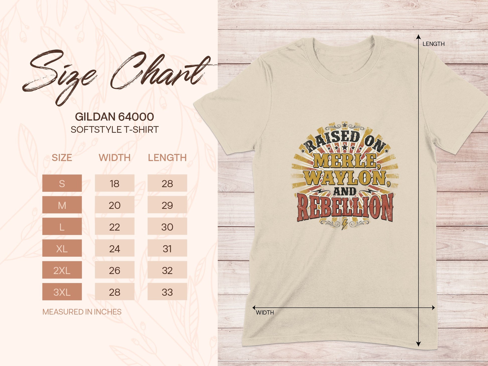 Gildan 64000 t-shirt size chart with "Raised on Merle, Waylon, and Rebellion" graphic.