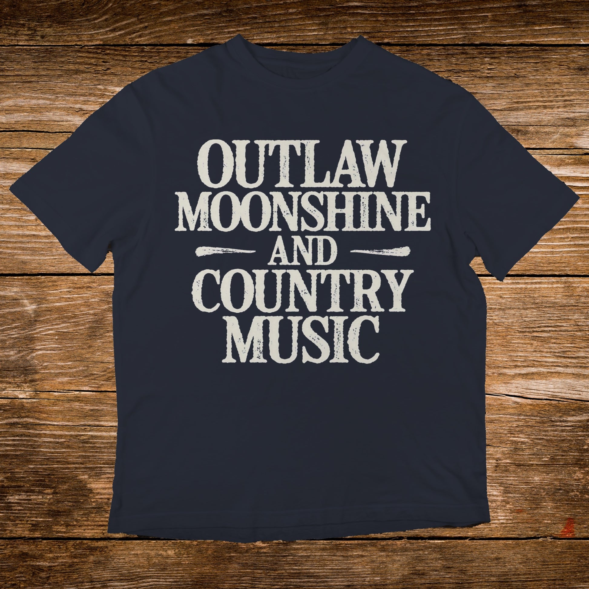 Navy t-shirt with "Outlaw Moonshine and Country Music" text.