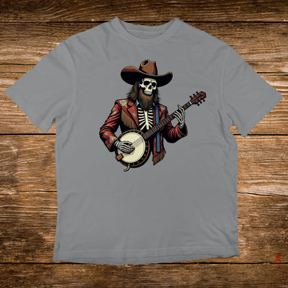 Skeleton in cowboy hat and jacket playing banjo on grey t-shirt.