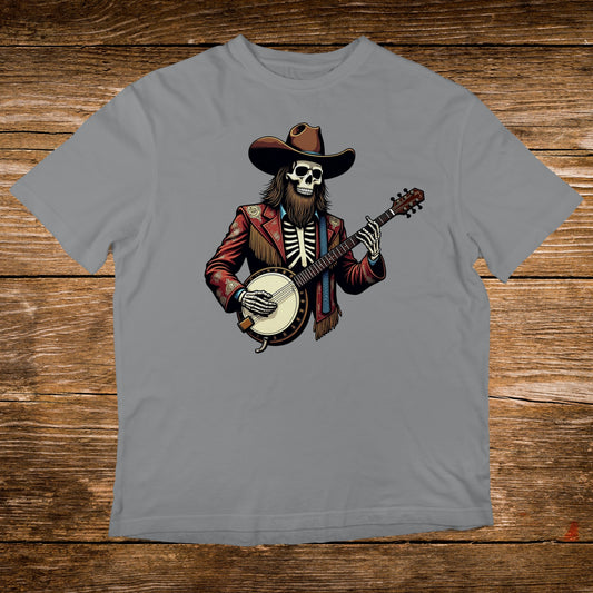 Skeleton in cowboy hat and jacket playing banjo on grey t-shirt.
