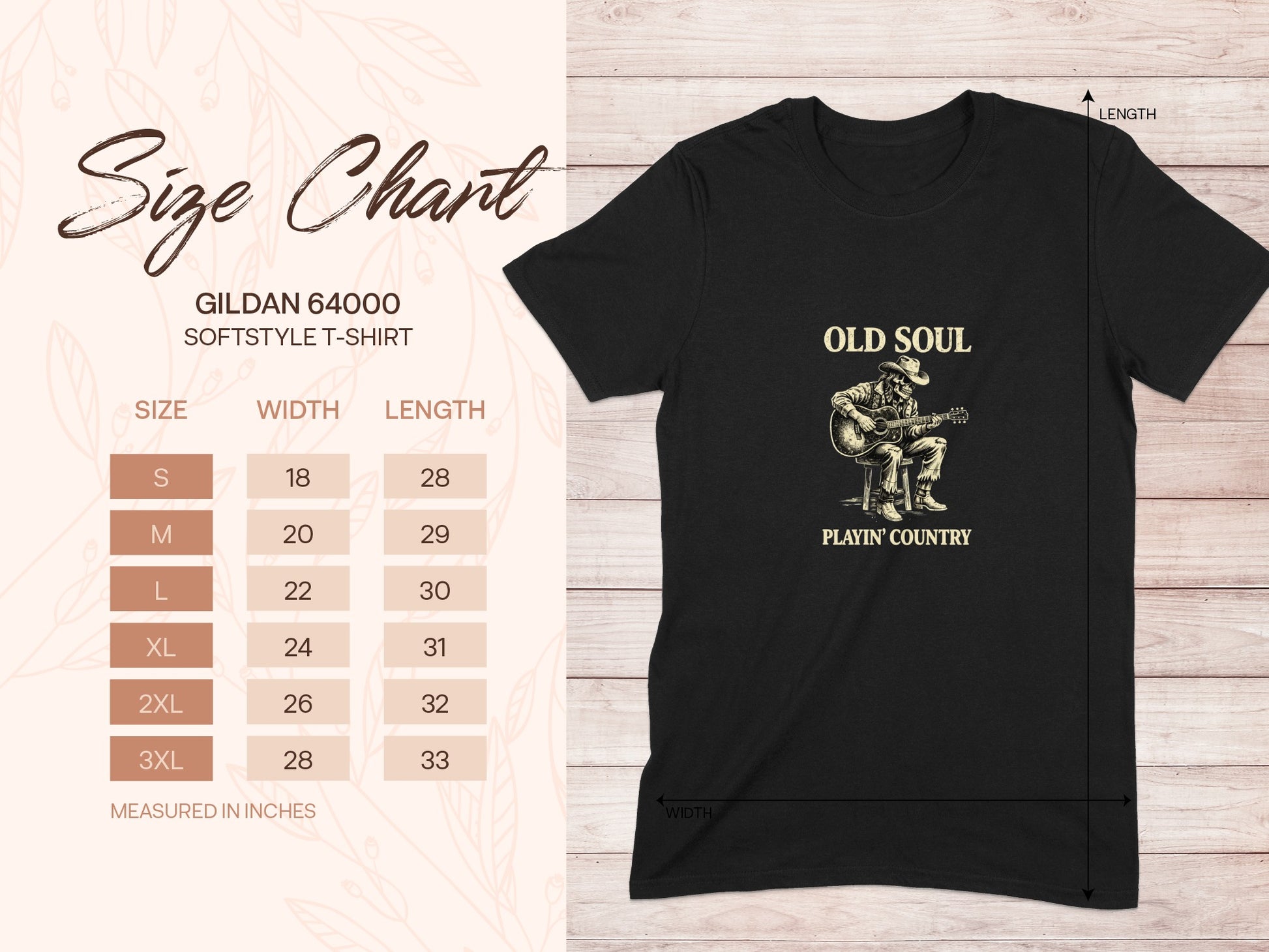 Gildan 64000 Softstyle T-shirt size chart with "Old Soul Playin' Country" graphic.