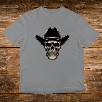 Grey t-shirt with a black cowboy hat and skull graphic.