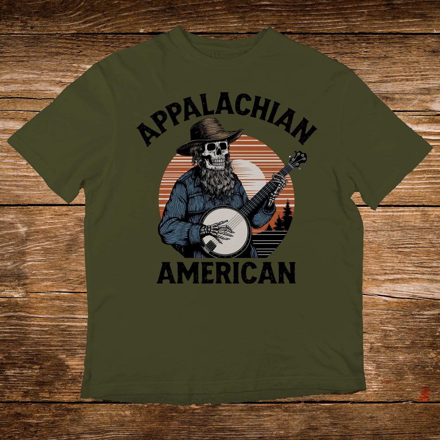 Skeleton playing banjo under a sunset, "APPALACHIAN AMERICAN" text.