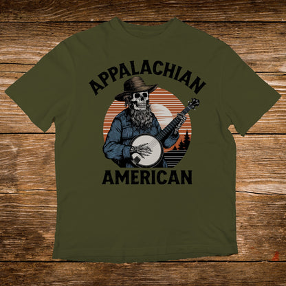 Skeleton playing banjo under a sunset, "APPALACHIAN AMERICAN" text.