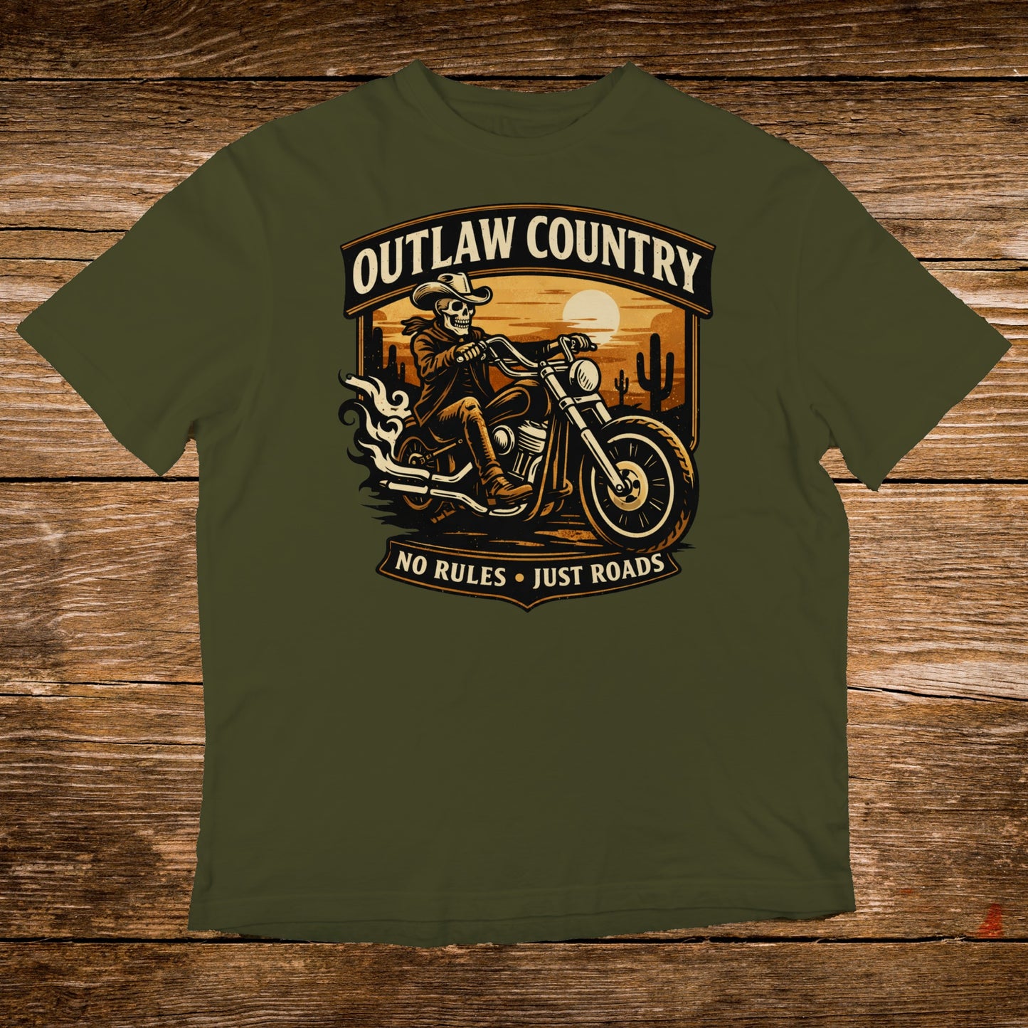 Olive green t-shirt with "OUTLAW COUNTRY NO RULES JUST ROADS" and a skeleton biker.