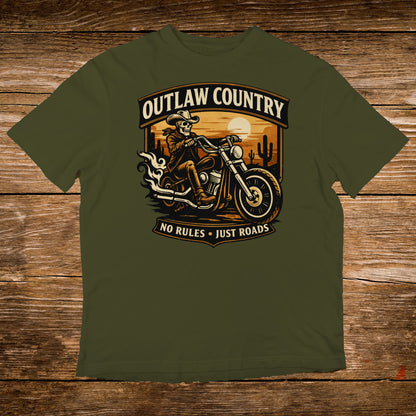 Olive green t-shirt with "OUTLAW COUNTRY NO RULES JUST ROADS" and a skeleton biker.