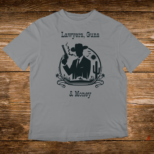 Grey t-shirt with "Lawyers, Guns & Money" text and cowboy silhouette.
