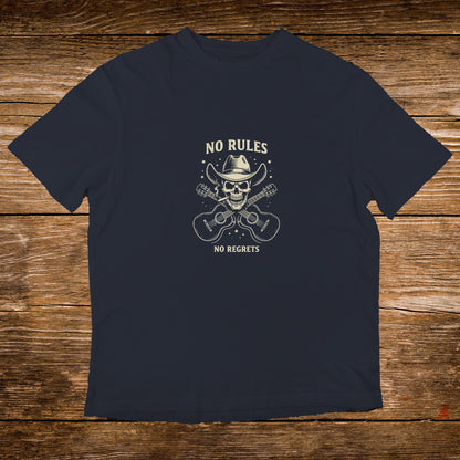 Dark t-shirt with "NO RULES NO REGRETS" text above a skull wearing a cowboy hat and crossed guitars.