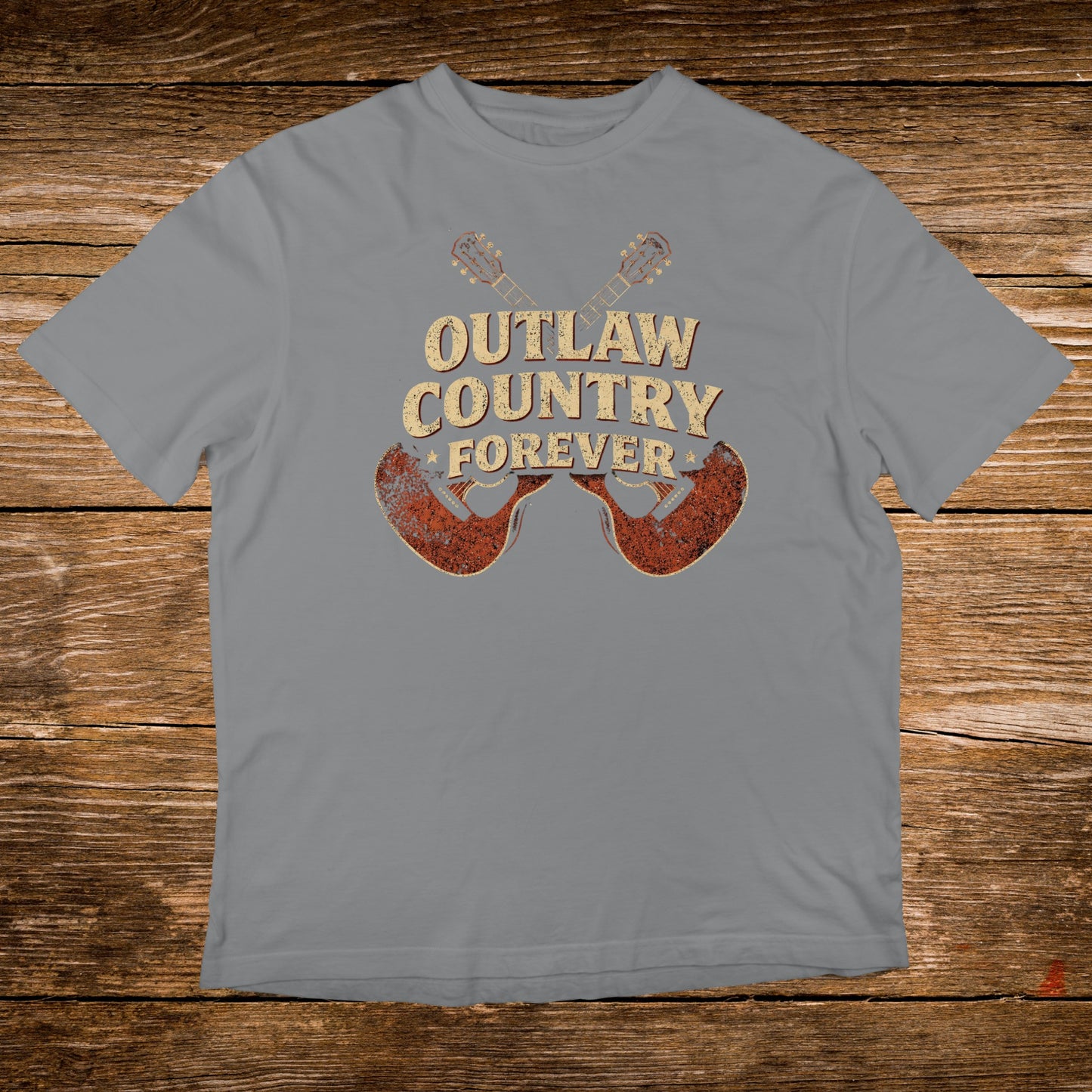Grey t-shirt with "Outlaw Country Forever" text and crossed guitars graphic.