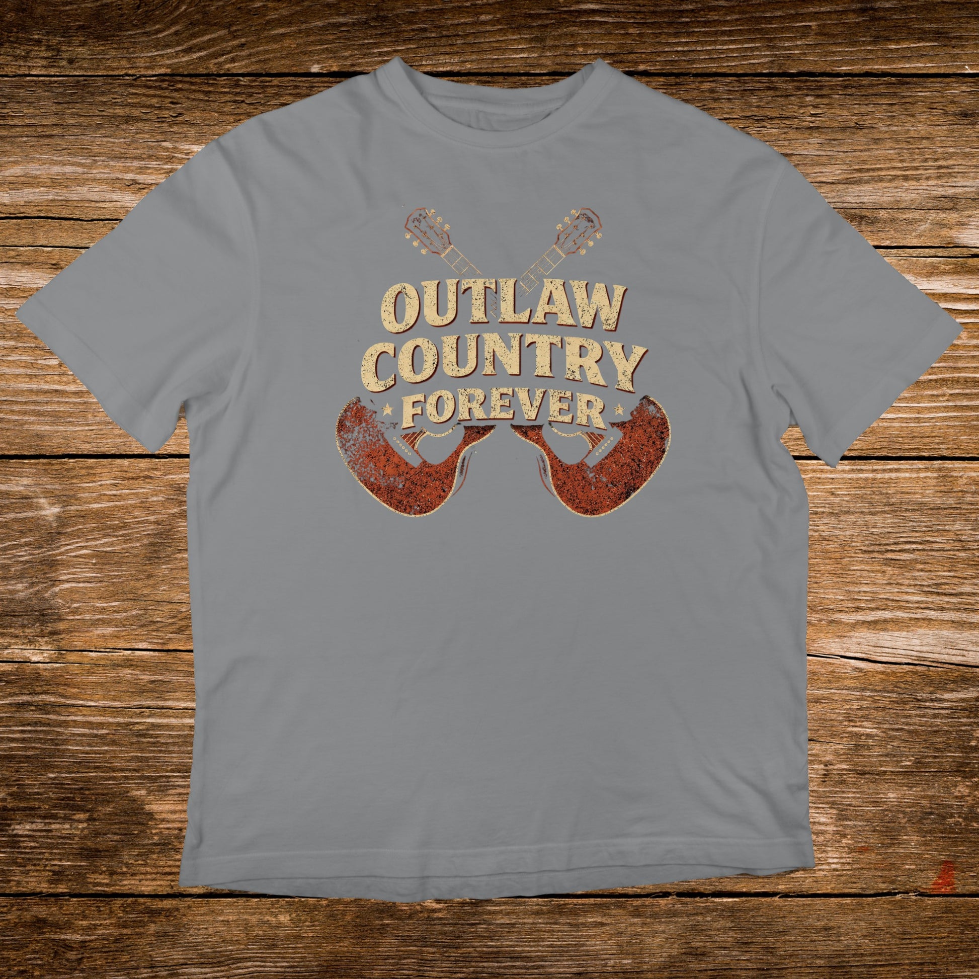 Grey t-shirt with "Outlaw Country Forever" text and crossed guitars graphic.