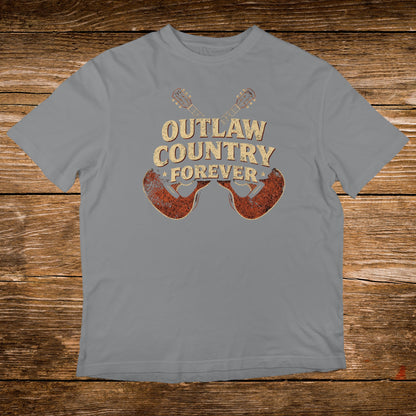 Grey t-shirt with "Outlaw Country Forever" text and crossed guitars graphic.