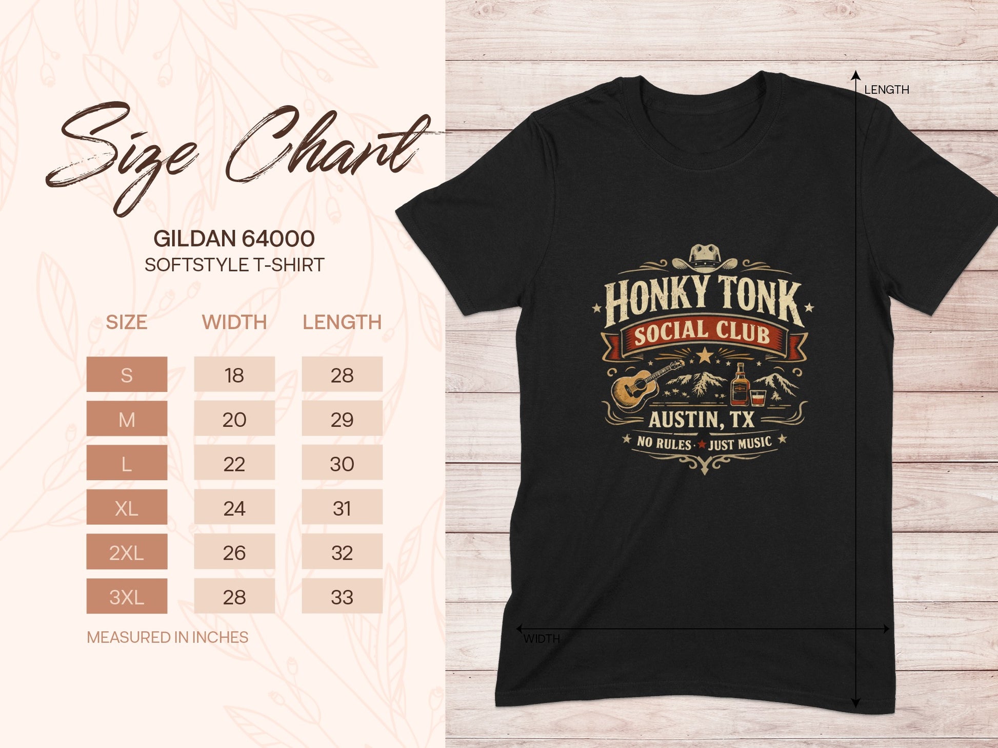 Gildan 64000 t-shirt size chart showing measurements for softstyle t-shirts.