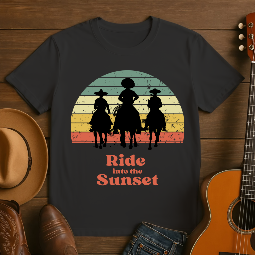 Cowboys Riding into a Retro Sunset T-Shirt