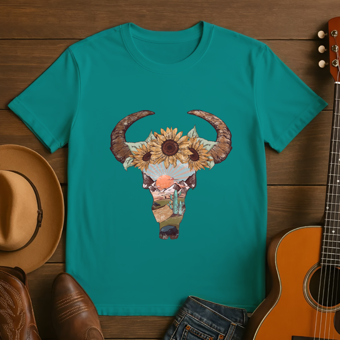 Desert Skull with Flowers & Sunset T-Shirt
