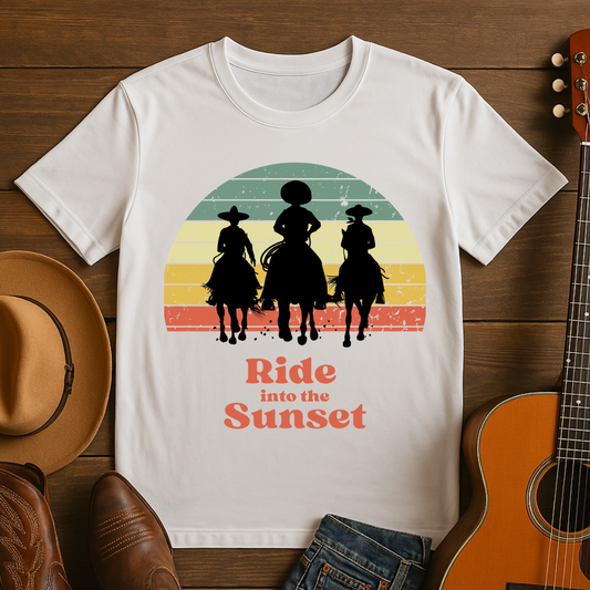 Cowboys Riding into a Retro Sunset T-Shirt