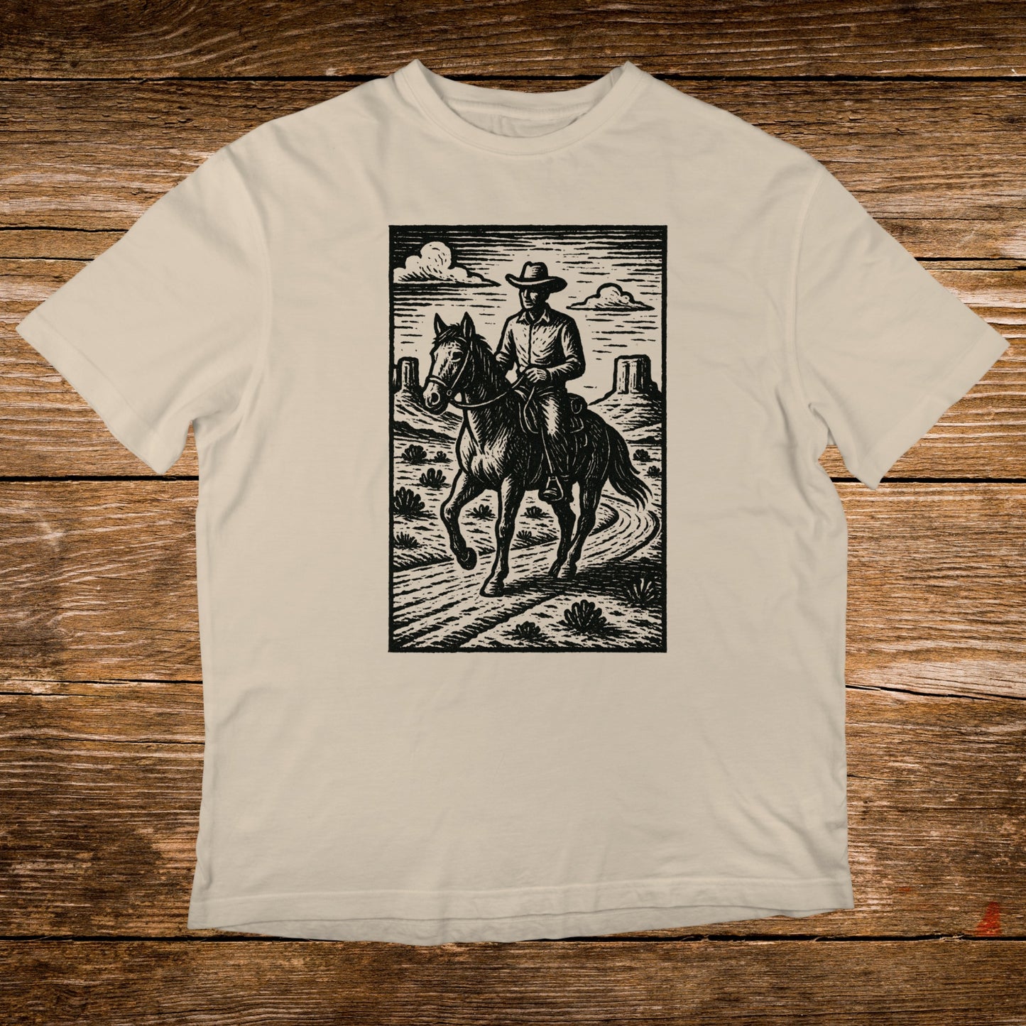 Woodcut style illustration of a cowboy riding a horse through a desert landscape.