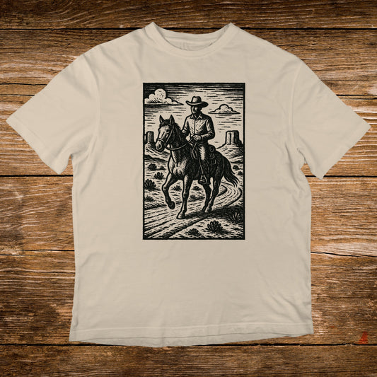 Woodcut style illustration of a cowboy riding a horse through a desert landscape.