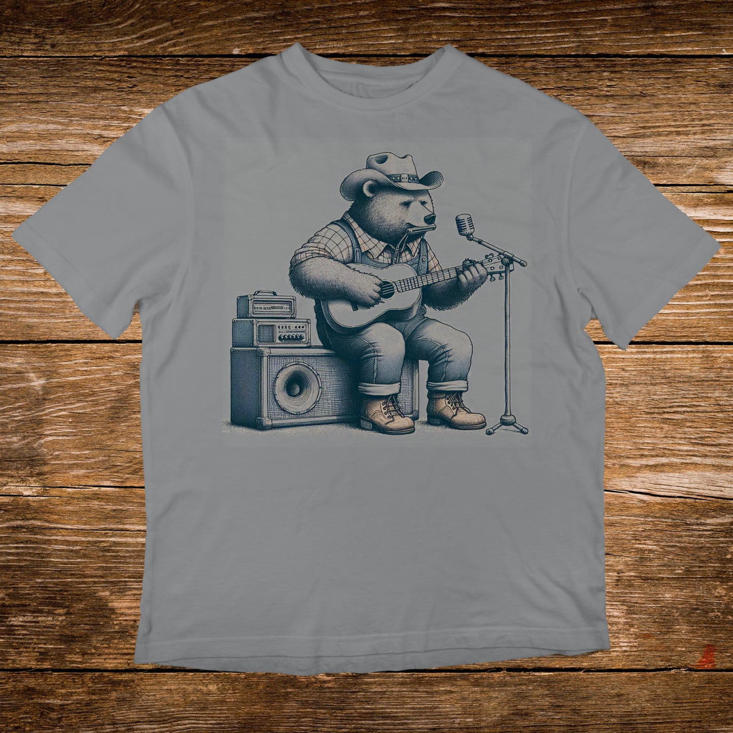 Bear wearing a cowboy hat plays guitar and sings into a microphone.