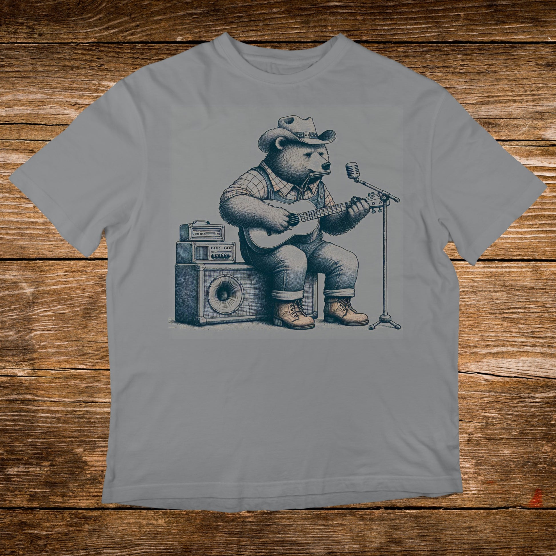 Bear wearing a cowboy hat plays guitar and sings into a microphone.