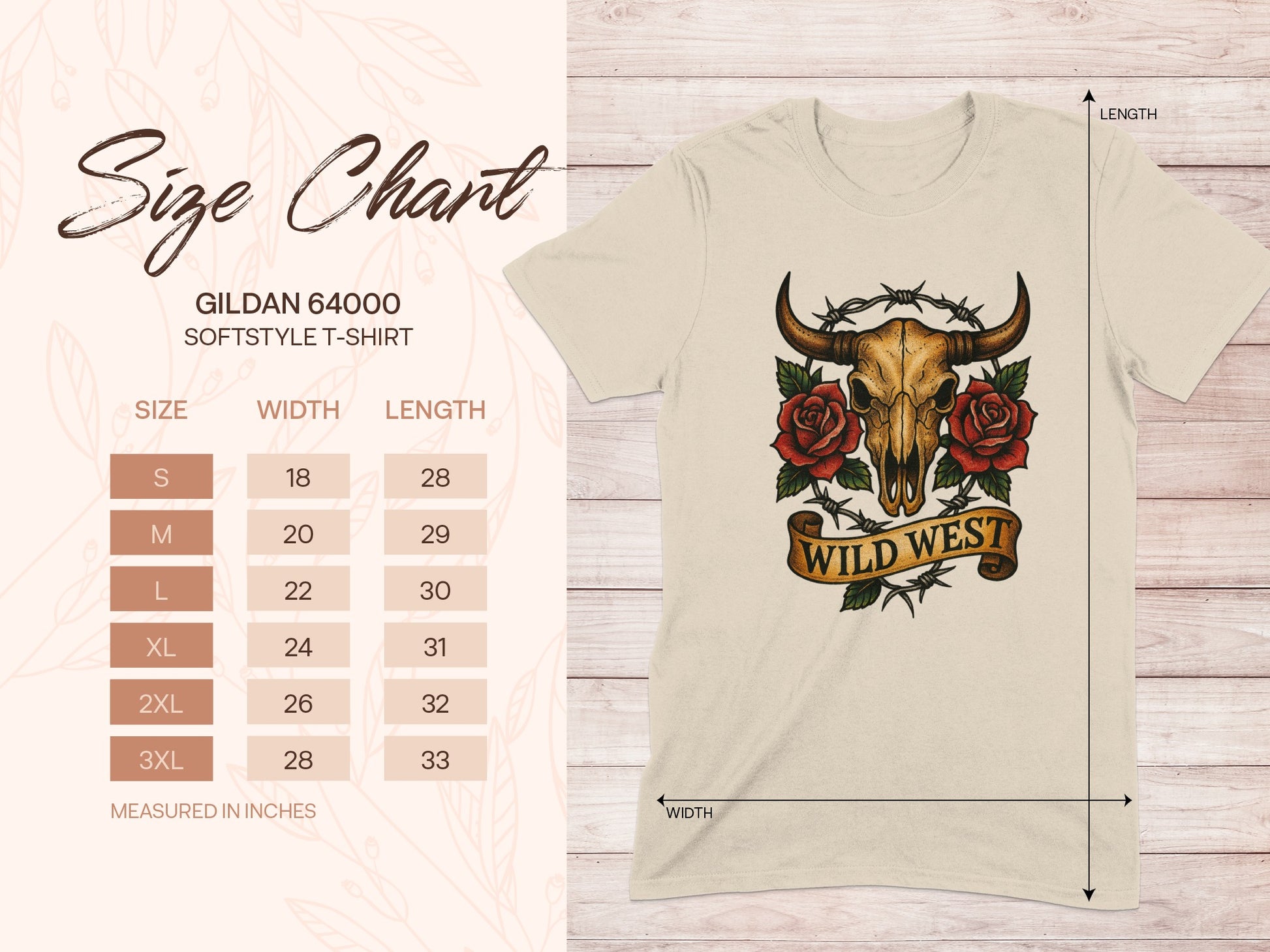 Gildan 64000 Softstyle T-shirt size chart with skull and roses graphic.