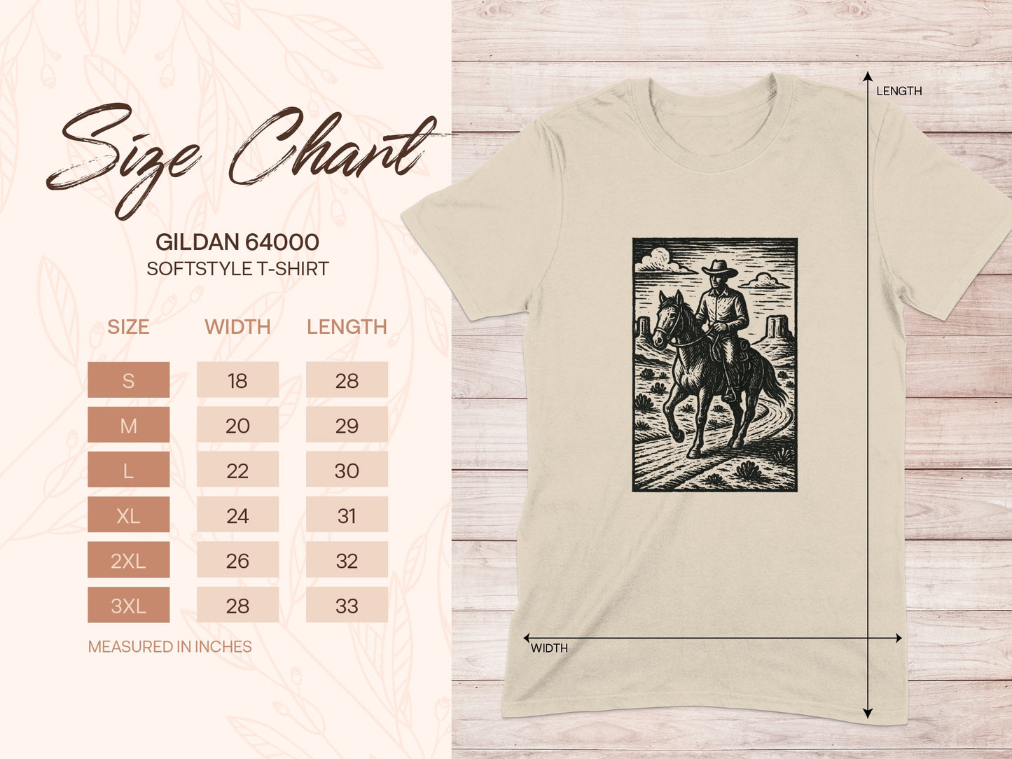 Size chart for Gildan 64000 Softstyle T-shirt with measurements.