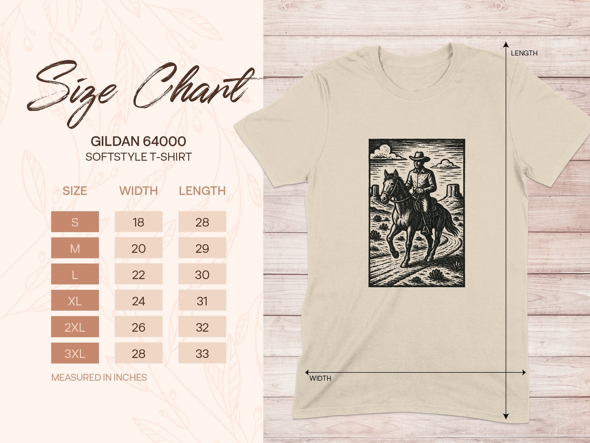 Size chart for Gildan 64000 Softstyle T-shirt with measurements.
