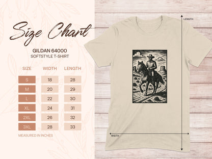 Size chart for Gildan 64000 Softstyle T-shirt with measurements.