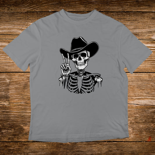 Skeleton wearing a cowboy hat, giving a peace sign.
