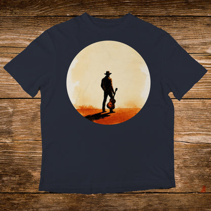 Cowboy with guitar silhouette against a large circle, on a navy t-shirt.