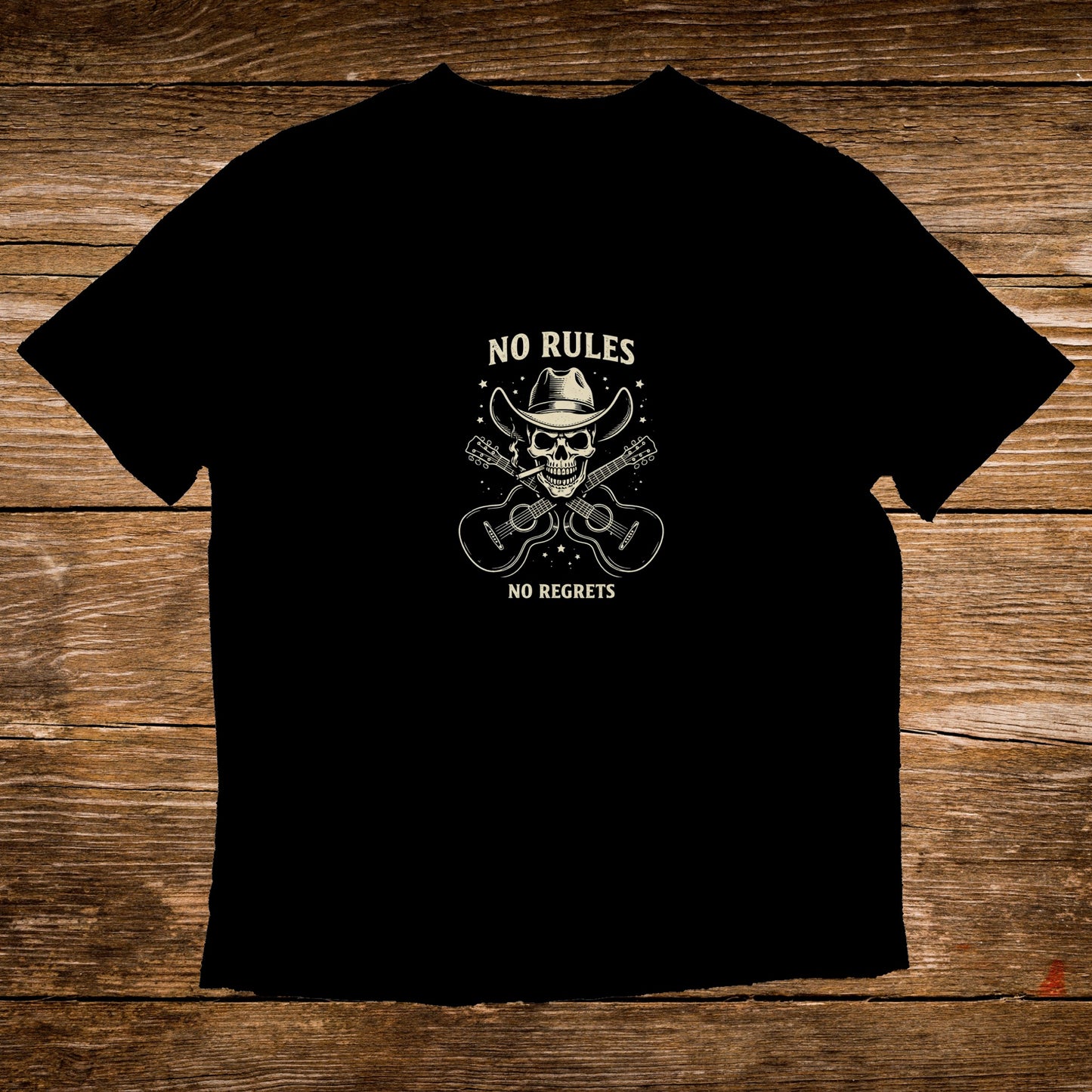 Black t-shirt with skull wearing a cowboy hat, two guitars, and text "NO RULES NO REGRETS".